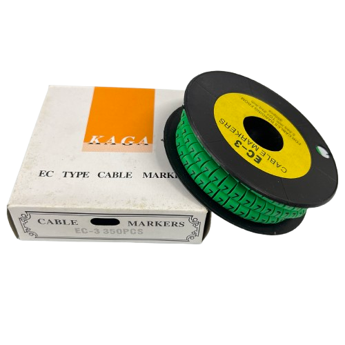 Spool of green numeric cable tags next to box for Cable Marker 5 Green ideal for labeling wires and cables