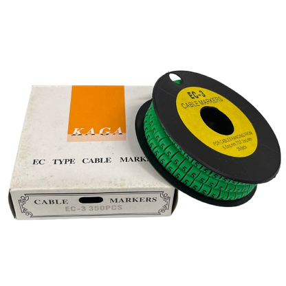 Cable Marker 5 Green reel of EC type numeric cable markers on black spool beside white box