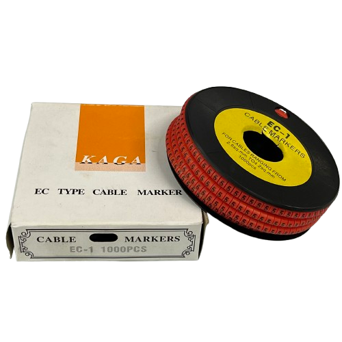 Grippes Cable Marker 5 Red numbered cable ID tape on black spool with white storage box for wiring