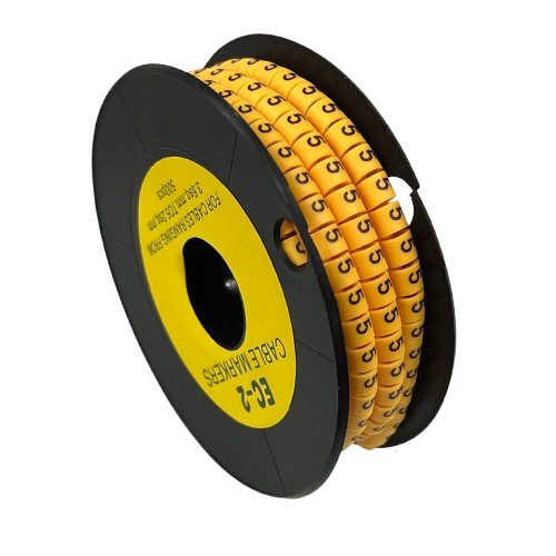 Grippes Cable Marker 5 - Yellow spool on black reel showing multiple numbered yellow cable markers for identification