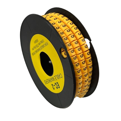 Grippes Cable Marker 5 - Yellow spool on black reel showing multiple numbered yellow cable markers for identification
