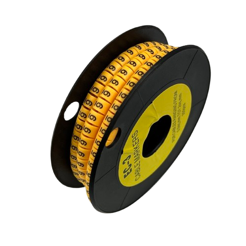 Spool of Cable Marker 6 Yellow round numeric wire labels on black reel for cable management