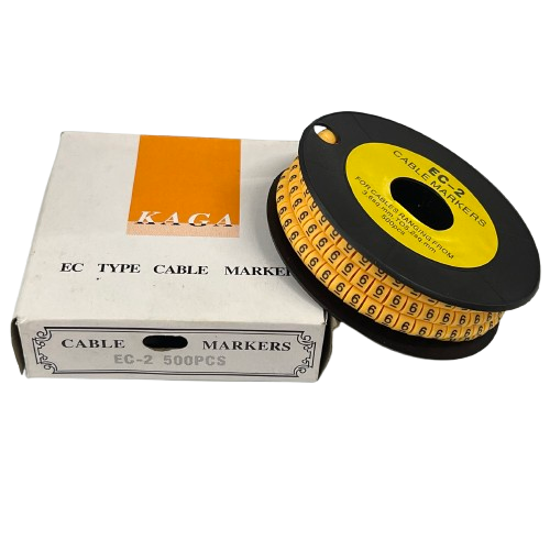 Grippes Cable Marker - 6 Yellow reel with numbered adhesive markers and labeled box for cable management
