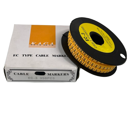 Cable Marker 6 Yellow spool of numbered cable markers on black reel with white KAGA box from China