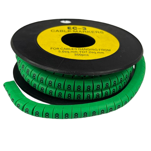 Spool of China made Cable Marker - 8 Green numbered markers on flexible strip for cable management and labeling