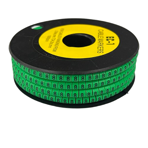 Grippes spool of Cable Marker - 8 Green adhesive number 8 wire labels on a black reel for cable identification