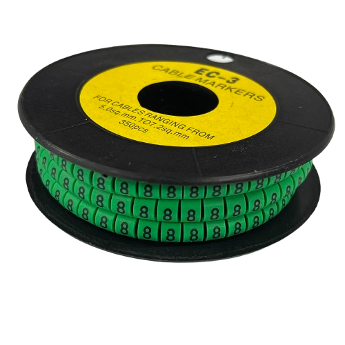 Cable Marker - 8 Green spool of numbered green cable markers on black reel for cable management
