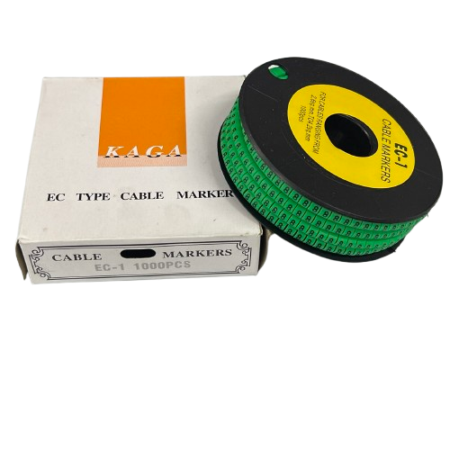 Grippes Cable Marker - 8 Green spool with numbered rings next to KAGA supply box for cable labeling