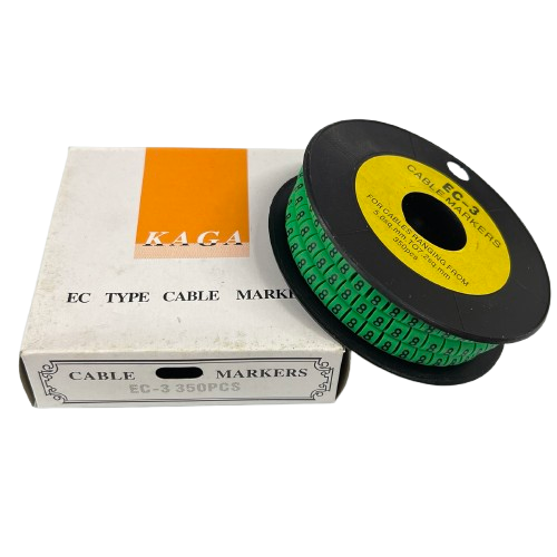 Cable Marker - 8 Green spool of small numbered cable markers on a black reel beside a white KAGA EC type box