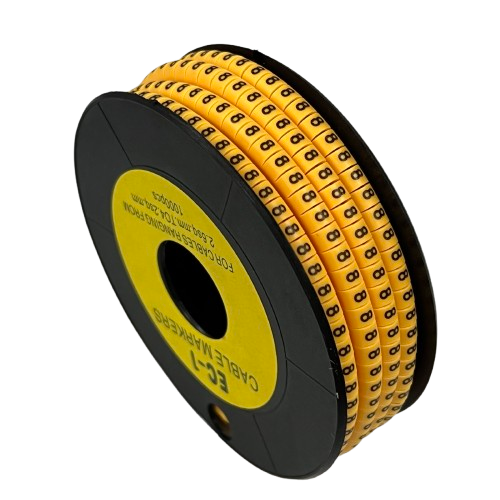 Spool of Cable Marker - 8 Yellow plastic numbered cable rings on black reel for wire organization