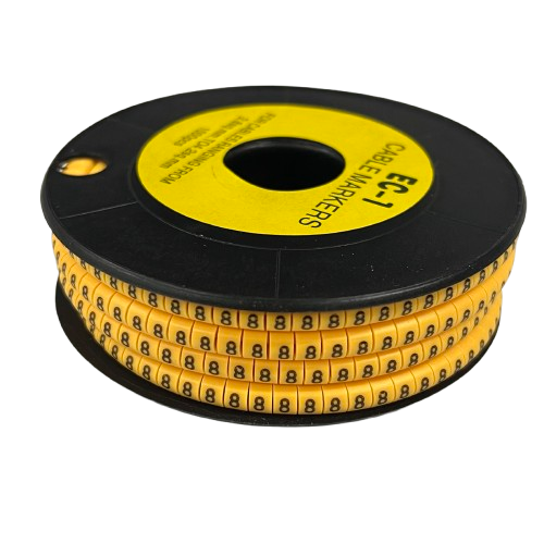 Spool of Cable Marker - 8 Yellow adhesive number labels on a black reel for cable management