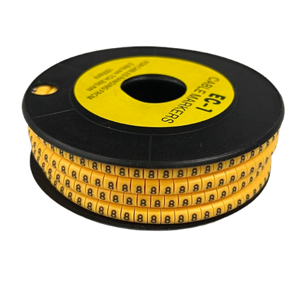 Spool of Cable Marker - 8 Yellow adhesive number labels on a black reel for cable management