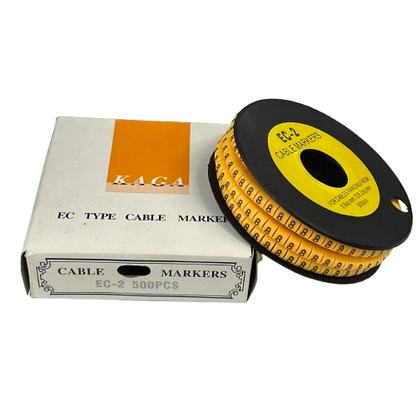 Grippes Cable Marker 8 - Yellow reel of numbered cable markers on black spool with white box
