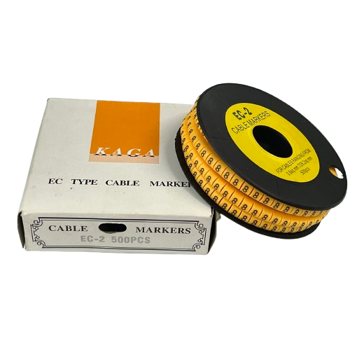 Grippes Cable Marker 8 - Yellow reel of numbered cable markers on black spool with white box