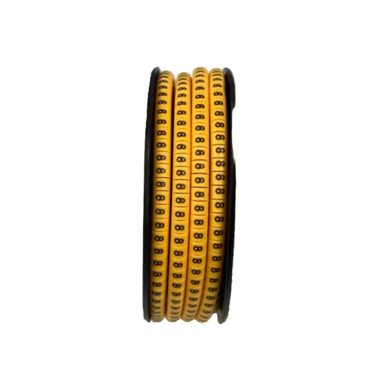 Spool of yellow numeric cable labels showing repeated 8 markers for wiring organization Cable Marker - 8 Yellow