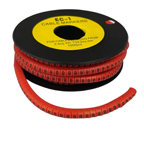 Grippes spool of red numbered cable markers showing repeated 9 digits Cable Marker - 9 Red for wire labeling