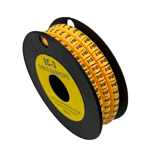 Grippes Cable Marker 9 - Yellow roll of numeric cable markers on black spool for cable identification