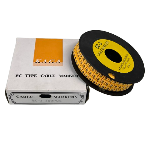 Grippes Cable Marker 9 - Yellow numeric cable markers on a black reel with white EC type box for labeling