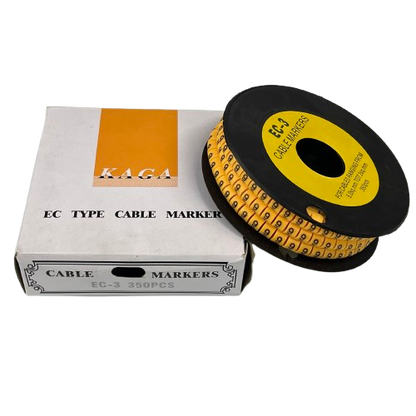 Grippes Cable Marker 9 - Yellow numeric cable markers on a black reel with white EC type box for labeling