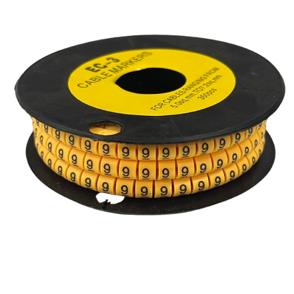Grippes Cable Marker 9 - Yellow spool with rows of numeric 9 cable markers for wire labeling