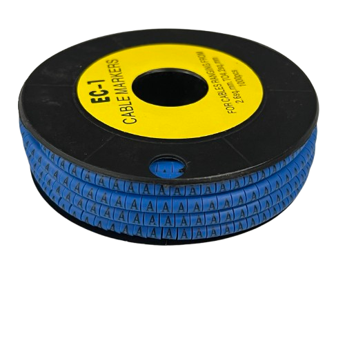 Spool of blue snap on cable markers labeled A on a reel for wire organization Cable Marker - A Blue