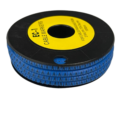 Spool of blue snap on cable markers labeled A on a reel for wire organization Cable Marker - A Blue