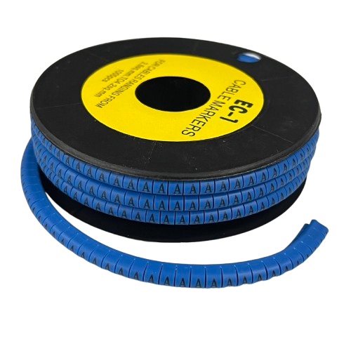 Cable Marker - A Blue spool of flexible labeled cable markers with repeating A characters on a black reel for wire organization