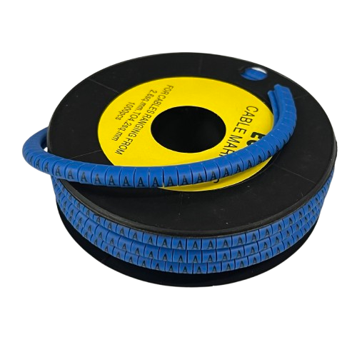 Roll of blue cable ID sleeve markers on a black spool Cable Marker - A Blue for organized cable management