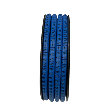 Cable Marker - A Blue spool of adhesive cable labels with repeated A characters for wire identification