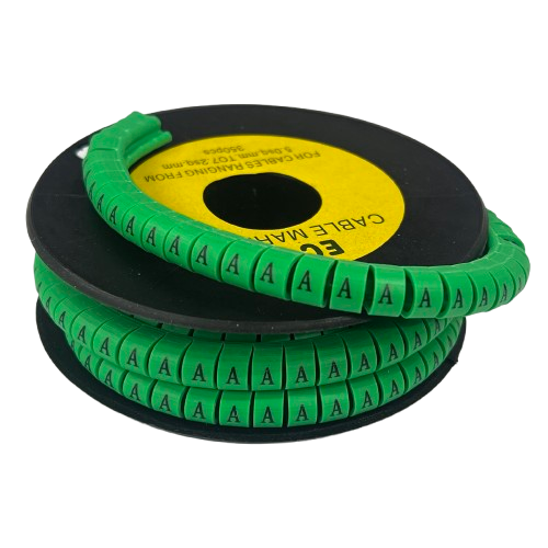 Cable Marker - A Green spiral cable marker reel with repeated A labels for wire organization and identification