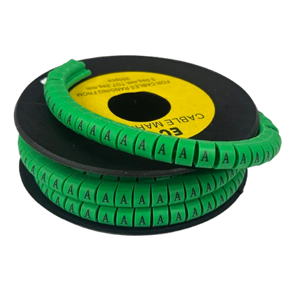 Cable Marker - A Green spiral cable marker reel with repeated A labels for wire organization and identification