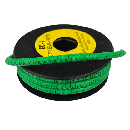 Grippes Cable Marker - A Green spiral wrap roll with repeated A labels for identifying and organizing cables