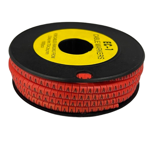 Grippes Cable Marker A - Red spool showing red letter A markers wound on black plastic reel