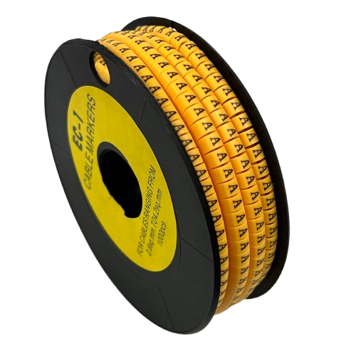 Spool of yellow adhesive Cable Marker - A Yellow printed sleeves for cable identification and wiring organization
