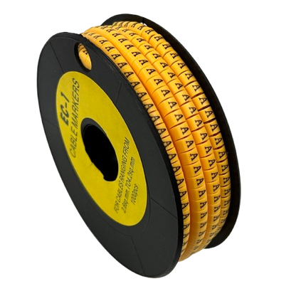 Spool of yellow adhesive Cable Marker - A Yellow printed sleeves for cable identification and wiring organization