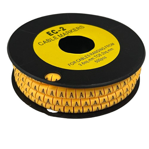 Grippes Cable Marker A - Yellow spool of adhesive A markers on black reel for cable management