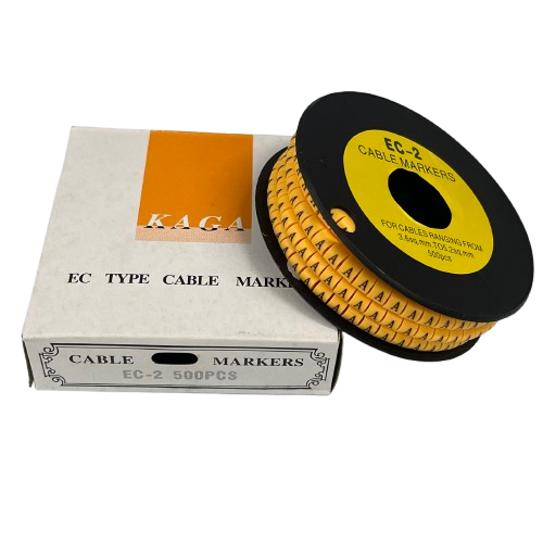 Grippes Cable Marker A - Yellow spool of labeled A markers on black reel with white box for cable organization