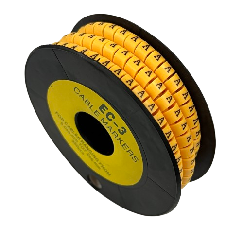 Spool of yellow cable markers printed with letter A Cable Marker - A Yellow for wire labeling