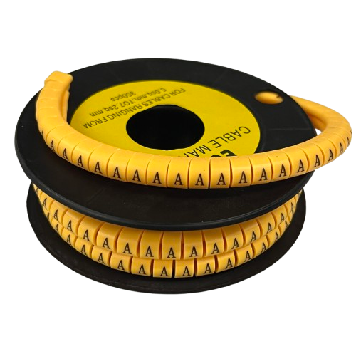 Cable Marker - A Yellow spiral cable ID markers on a black spool showing repeating letter A labels