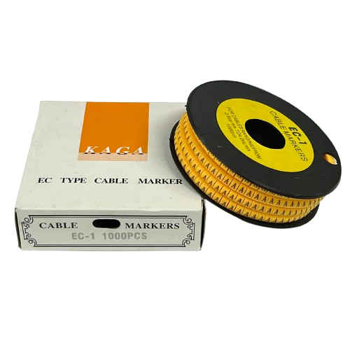 Spool and box of yellow adhesive cable labels with repeating A markers Cable Marker - A Yellow for cable management