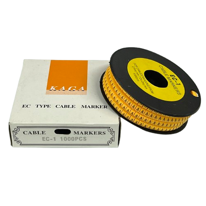 Spool and box of yellow adhesive cable labels with repeating A markers Cable Marker - A Yellow for cable management
