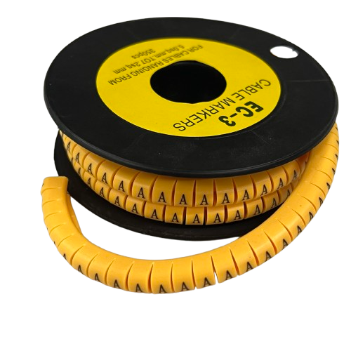 Spool of flexible spiral cable markers labeled A for wire organization Cable Marker - A Yellow
