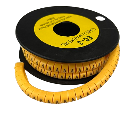 Spool of flexible spiral cable markers labeled A for wire organization Cable Marker - A Yellow
