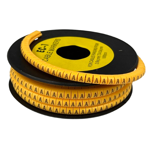 China cable management spool with flexible yellow letter A markers rolled on a reel Cable Marker - A Yellow
