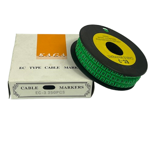 Spool of green letter B cable markers on a black reel next to white box for cable management Cable Marker - B Green