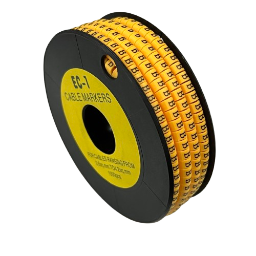 Spool of yellow adhesive cable markers with repeated B labels for wire identification Cable Marker - B Yellow