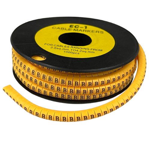 Cable Marker - B Yellow flexible tube markers on black spool for wire labeling and identification