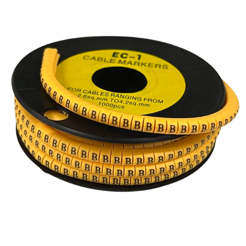 Cable Marker - B Yellow reel of adhesive cable labels on black spool for cable management and identification