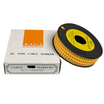 Spool and box of Cable Marker - B Yellow roll for cable management with printed B labels on yellow tape