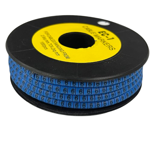 Spool of Cable Marker Blue 6 numeric label beads on a reel for cable organization and identification